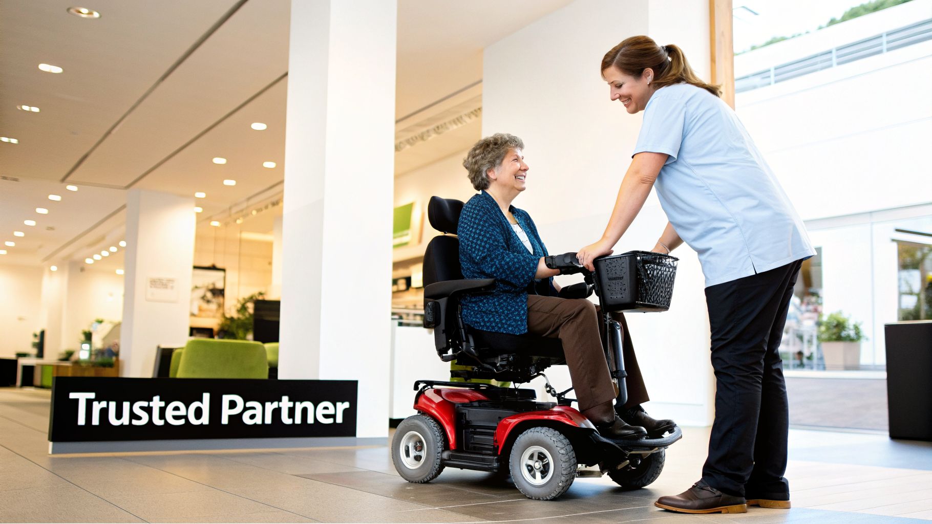 An elderly woman on a red mobility scooter smiles at a caregiver in a bright, modern setting.